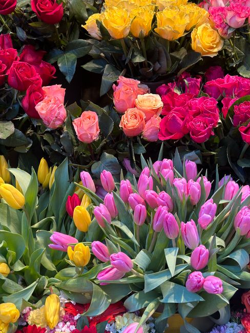 A vibrant display of fresh flowers featuring pink and yellow tulips in the foreground, with pink roses and yellow roses along the middle, and a cluster of yellow roses at the top, all arranged with da