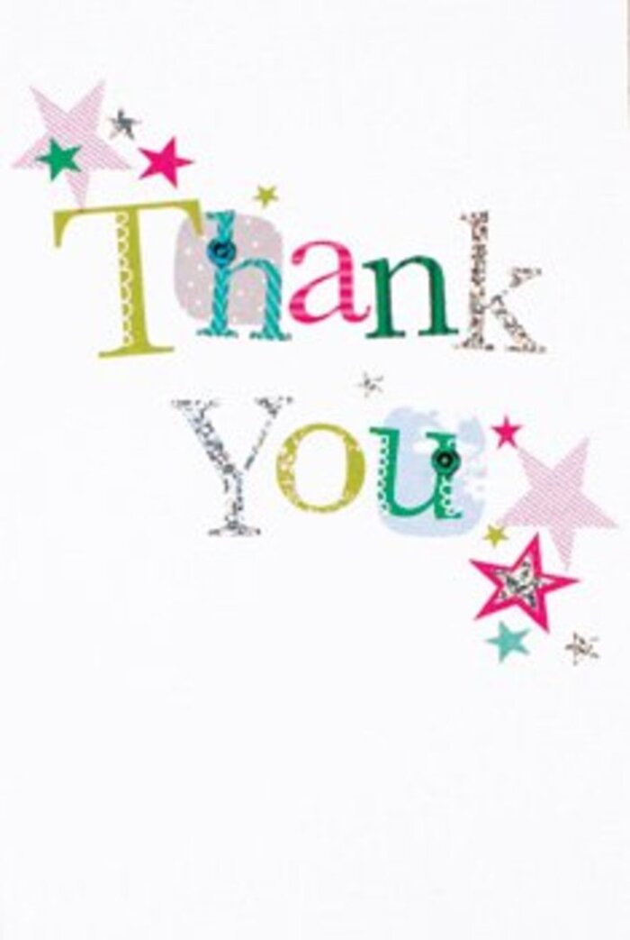 The arrangement of letters on this thank you card is a quiet burst of exuberance, imbued with style and gentle sophistication. Every character of 'Thank You' holds its own mood-some are decorated with cheerful dots or curved in playful shapes, while others flow elegantly, almost like musical notes dancing across a page. Around the message, stars cluster closely, brushed in vibrant pinks, deep turquoise, and sparkling shades of silver that catch the eye, much like evening lights along Leytonstone's bustling Church Lane. The layout maintains a fresh, airy feel, its stardust accents sprinkled across an immaculate white background. It's this crisp, uncluttered composition that gives the card its modern charm, making it equally suited for personal gestures or formal occasions-a fitting companion for any bouquet ordered through Flowers Leytonstone. In this card, gratitude takes artistic form: heartfelt but never overwrought, sophisticated without losing warmth, ready to nestle beside a fresh bouquet of flowers that whispers thanks with colour and sincerity throughout every corner of Leytonstone.