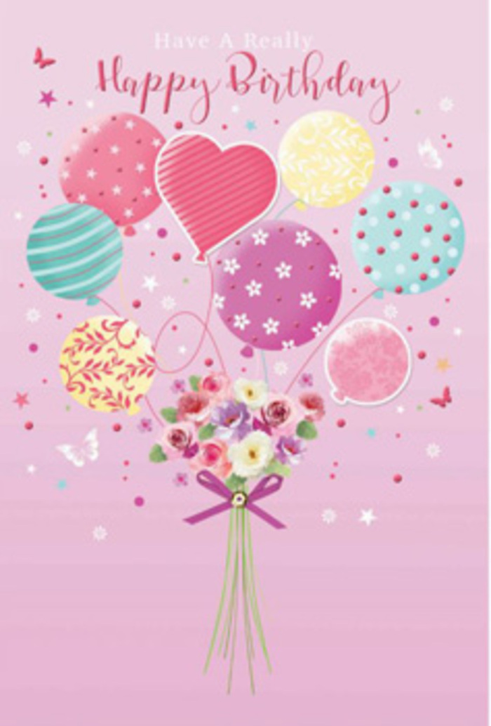 Artful birthday card illustration portraying a pastel balloon bouquet lifting a delicate cluster of flowers, evoking the charm of a Leytonstone celebration. The background is a soft, even blush, reminiscent of the pale sky over Wanstead Flats on a warm spring morning. Floating upward from the centre is a bouquet of rounded balloons and a single heart-shaped balloon, all in harmonious pastels: rosy pink, seafoam green, lavender, and daylight yellow. Each balloon carries a unique pattern-striped spirals that twist like party ribbons, playful polka dots, and gentle floral prints-creating a sense of movement and joy. At the base rests a hand-tied floral arrangement, as though freshly gathered from a local market near Leytonstone High Road. The flowers include compact roses and daisy-like blooms in shades of cream, blush pink, and soft mauve, with velvety petals layered in subtle gradients that catch the light. Their stems are bound closely together with a purple satin bow, the ribbon's sheen adding a tiny sparkle, like shop lights catching glass vases in a neighbourhood florist. Small butterflies and star motifs drift around the design, giving the impression of a garden party held just off Whipps Cross Road, suspended in time. The whole composition feels airy yet intentional, balancing playful birthday fun with the tenderness of sending carefully chosen flowers to someone special in E11, where local deliveries turn simple greetings into cherished moments.