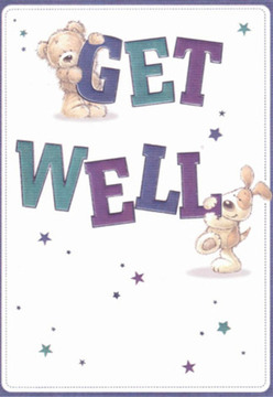 The heartfelt scene painted on this get well card is layered with meaning and subtle cheer, reminiscent of an afternoon meander through the lively streets of Leytonstone. At its centre, a cuddly teddy perches atop the bold, three-dimensional letters spelling 'GET,' while a lively puppy nestles closely at the foot of the word 'WELL' below. Their rounded shapes and expressive faces beam with affection, mirroring the soothing gestures one might see among friends in the welcoming cafés along Church Lane. Splashes of indigo and teal in the text offer a rich vibrancy, harmonising with soft bursts of star motifs that flutter above and around the figures-tokens of hope that feel as familiar as the gentle rustle of trees in Cann Hall Park. A cloud-bright background imparts a sense of clarity and cleanliness, echoing the importance of comfort during times of illness. As a florist rooted in Leytonstone, I see the same nurturing care here as in a meticulously arranged bouquet-each illustrated detail set with gentle purpose, brightening the viewer's mood like the arrival of fresh blooms at a neighbour's door. The overall effect is honest, light, and deeply reassuring, carrying warmth and encouragement to anyone in need.