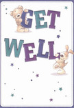 This vibrant get well card, like a hand-delivered gesture from the heart of Leytonstone, radiates warmth, hope, and a gentle spirit of encouragement. Two adorable figures-a honey-hued teddy bear and a sprightly, floppy-eared puppy-spring forward as if eager to offer comfort in person, each character joyfully holding oversized, colourful letters spelling 'Get Well.' The bold indigo and teal hues of the text stand out with confidence against a soothing, creamy-white background, creating a sense of vibrancy and heartfelt optimism that calls to mind the first signs of spring at Leytonstone's local markets. Scattered above and around the pair, stars in a spectrum of purples and blues twinkle gently, adding an air of playful magic and deep encouragement. The soft, inviting textures and expressive faces of the bear and pup are so lovingly rendered, it feels almost possible to reach out and touch their velvety fur-echoing the tactile comfort of fresh petals in a get well bouquet. This card delivers more than a wish-it's a genuine emotional embrace, carrying the same thoughtful care you'd find at Flowers Leytonstone, with every detail designed to lift the spirits and remind someone in recovery that they are warmly remembered right here in E11.