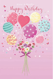 Elegant, storybook-style birthday card artwork featuring a pastel balloon bouquet rising from a fresh cluster of flowers, described with the familiarity of a Leytonstone florist. A soft pink canvas forms the backdrop, warm and inviting, like the glow from café windows along Church Lane on an early evening. From the lower centre, a gathered bundle of stems supports an array of floating balloons in gentle pinks, mint, lemon yellow, and lilac. Each balloon has its own character: some swirl with candy-like stripes, others are sprinkled with polka dots, and a heart-shaped balloon at the centre adds a clear message of affection. Below, the flowers themselves are illustrated with care-petite roses and anemone-style blooms in creamy ivory, blush, and muted mauve, their petals appearing soft and feathery. The bouquet is drawn as freshly arranged, with subtle greenery tucked between blossoms and a neatly tied violet satin bow holding everything together. Light seems to wash over the scene, picking out the glossy curves of the balloons and the gentle sheen of the ribbon. Tiny butterflies and scattered stars float around the arrangement, adding a hint of magic, as if the bouquet is on its way to a birthday gathering in a cosy Leytonstone flat near Bushwood. The design captures the feeling of a thoughtfully chosen birthday bouquet-playful yet refined, like something selected from a trusted local florist and delivered to make one special day shine.